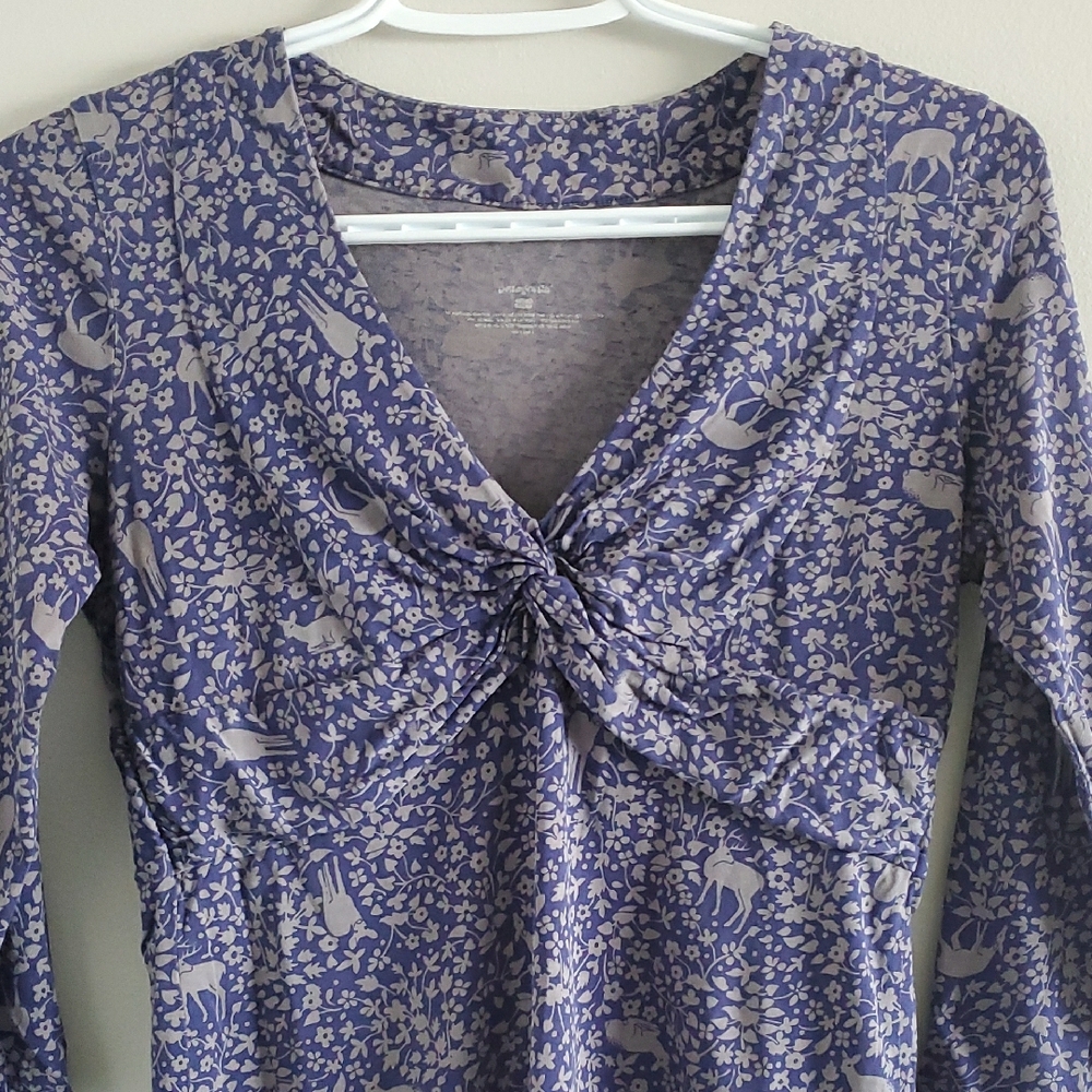 Patagonia Women's Blue Animal Patterned Ruched Organic Cotton Top Sz S Babydoll - Picture 3 of 14
